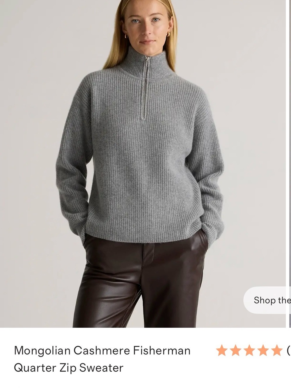 Quince Women’s  Light Gray Ribbed Quarter-Zip Sweater
